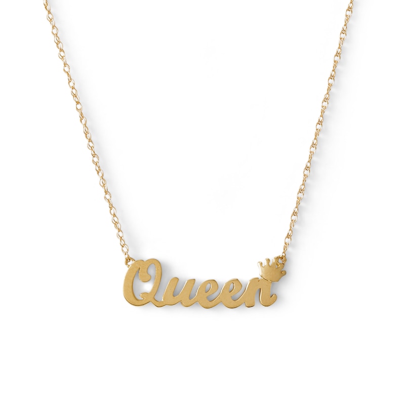 Cursive "Queen" with Crown Necklace in 10K Semi-Solid Gold - 20"