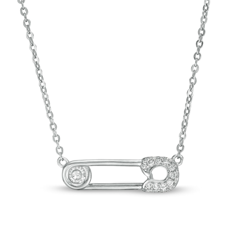 Cubic Zirconia Sideways Safety Pin Necklace in Sterling Silver