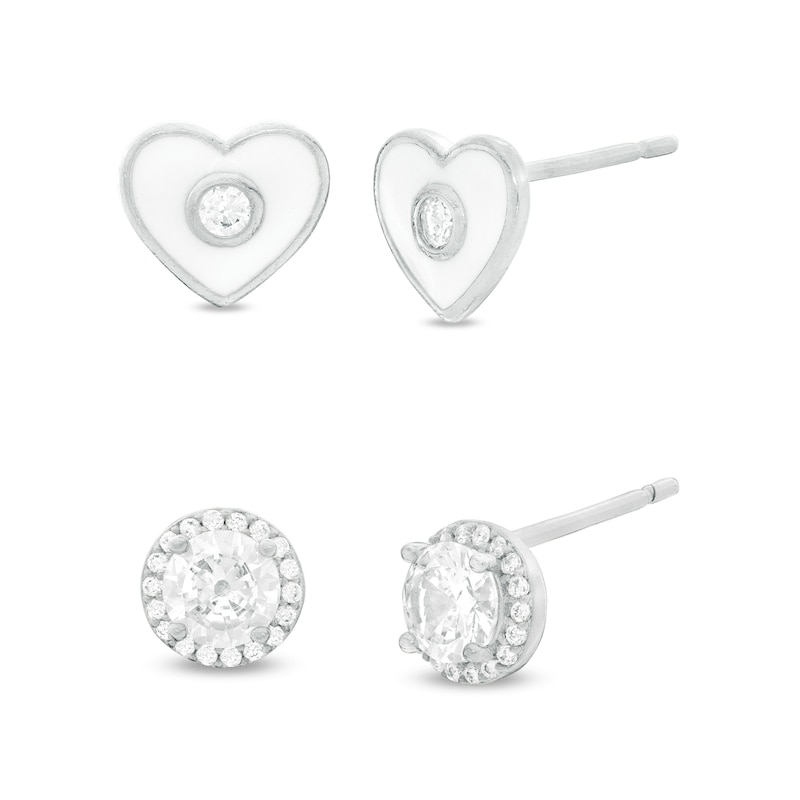 4.5mm Cubic Zirconia Frame and White Enamel Heart Two Pair Stud Earrings Set in Sterling Silver