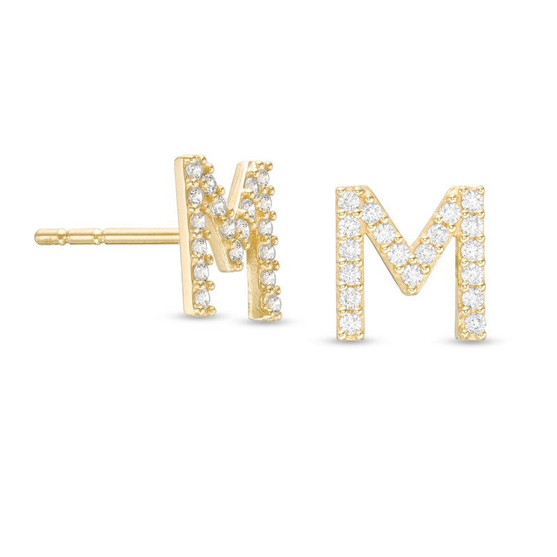 Cubic Zirconia "M" Initial Stud Earrings in 10K Gold