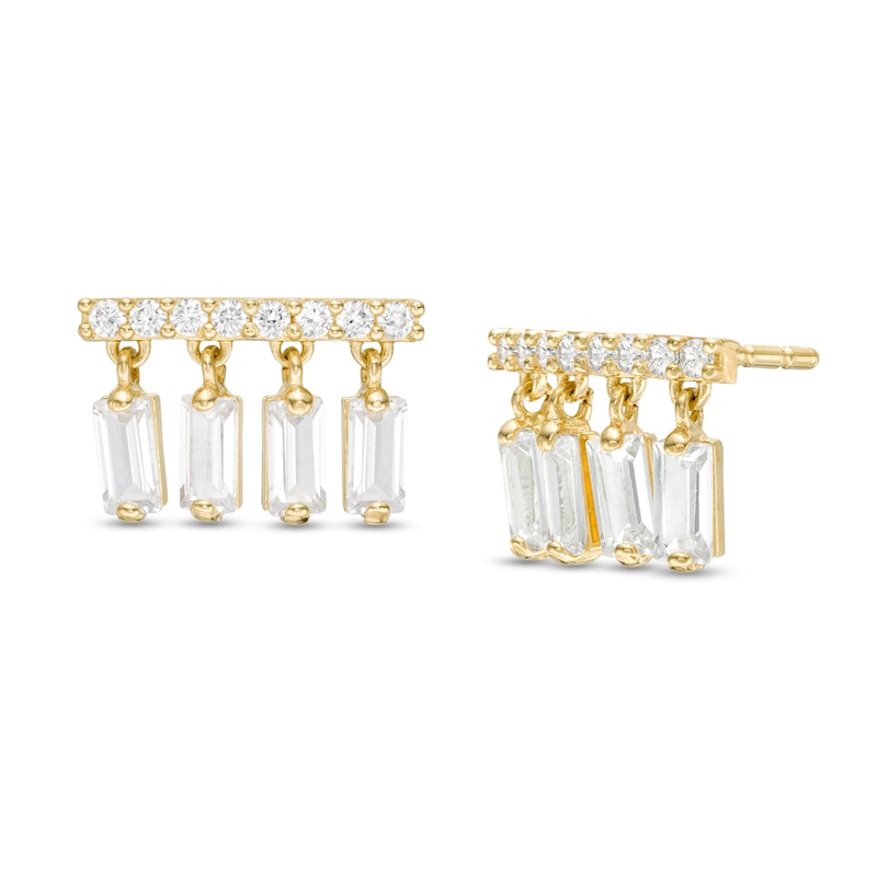 Baguette and Round Cubic Zirconia Bar Dangle Stud Earrings in 10K Gold