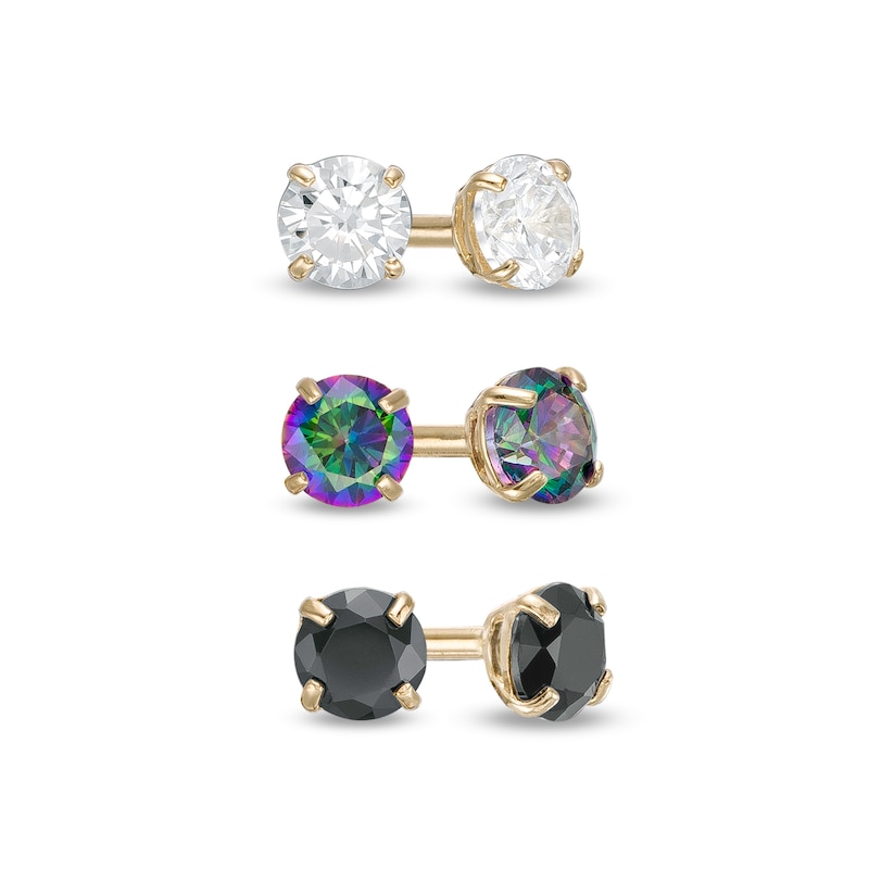 3mm Black, Rainbow Green and White Cubic Zirconia Solitaire Three Pair Stud Earrings in 10K Gold