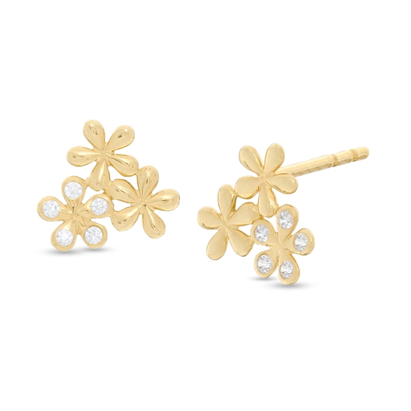 Cubic Zirconia Triple Jasmine Flower Stud Earring in 10K Gold