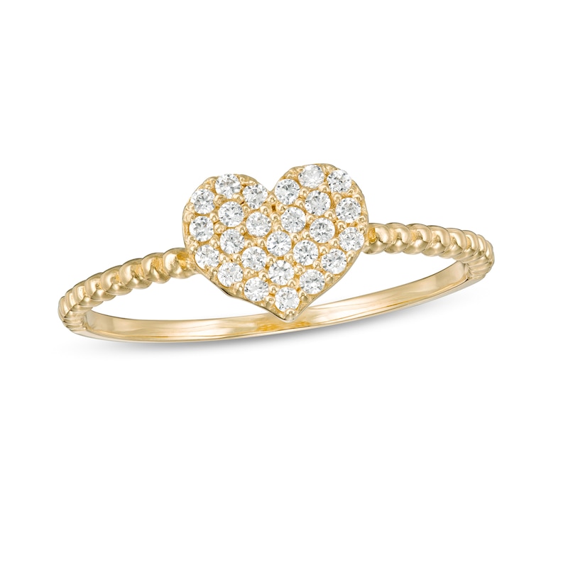 10K Semi-Solid Gold Casting CZ Pavé Heart Bead Ring - Size 7