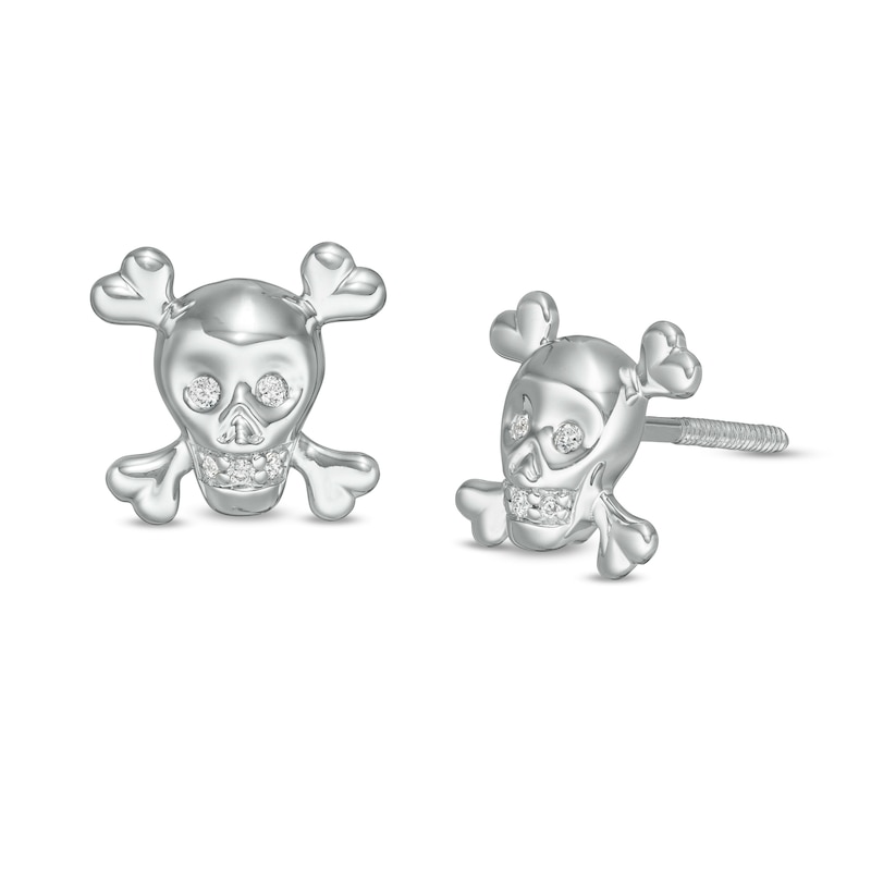 Diamond Accent Skull and Crossbones Stud Earrings in Sterling Silver - XL