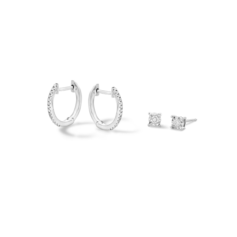 1/5 CT. T.W. Diamond Solitaire Stud and 9.5mm Huggie Hoop Earrings Two Pair Set in Sterling Silver