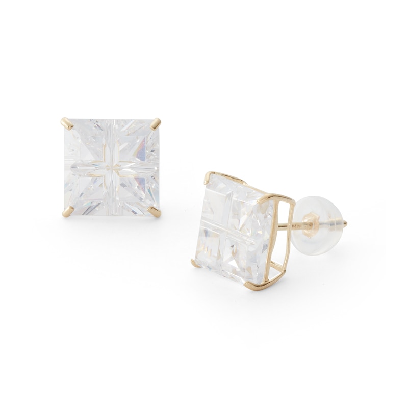 9mm Princess-Cut Square Groove Cubic Zirconia Solitaire Stud Earrings in 14K Gold
