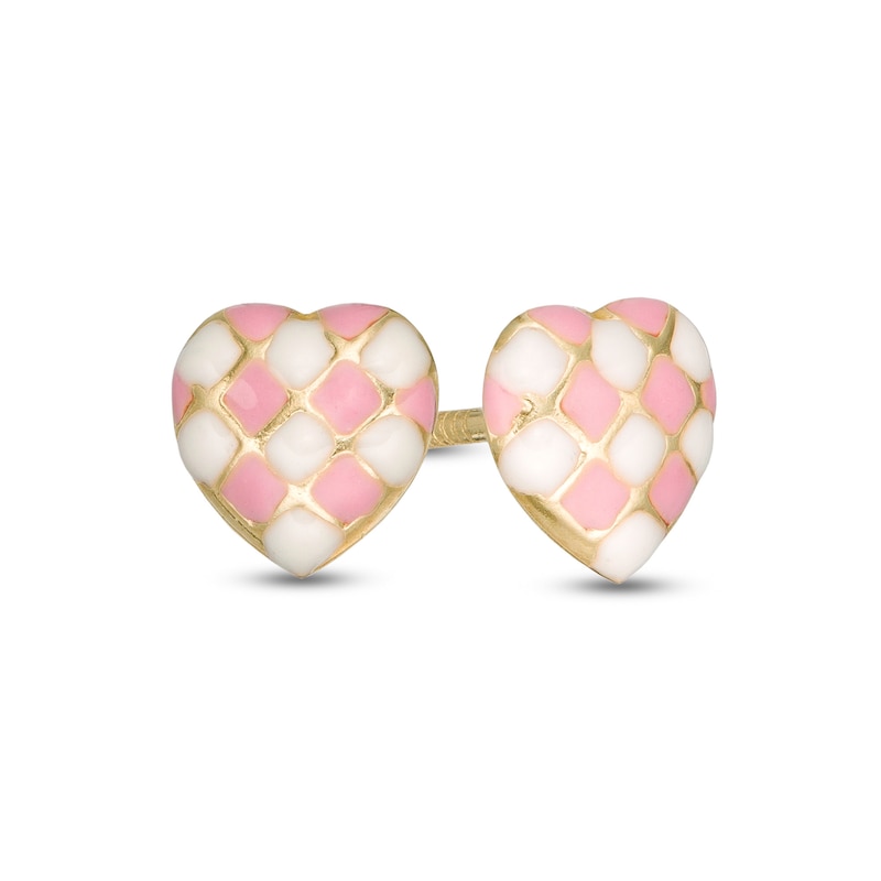 Child's Pink and White Enamel Checkered Heart Stud Earrings in 10K Gold