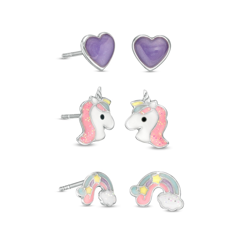 Child's Enamel Unicorns, Hearts, and Rainbows Stud Earrings Set in Sterling Silver