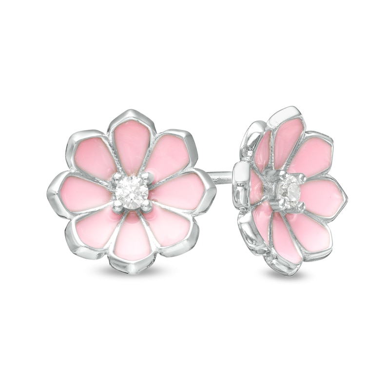 Child's Cubic Zirconia Pink Enamel Flower Stud Earrings in Sterling Silver
