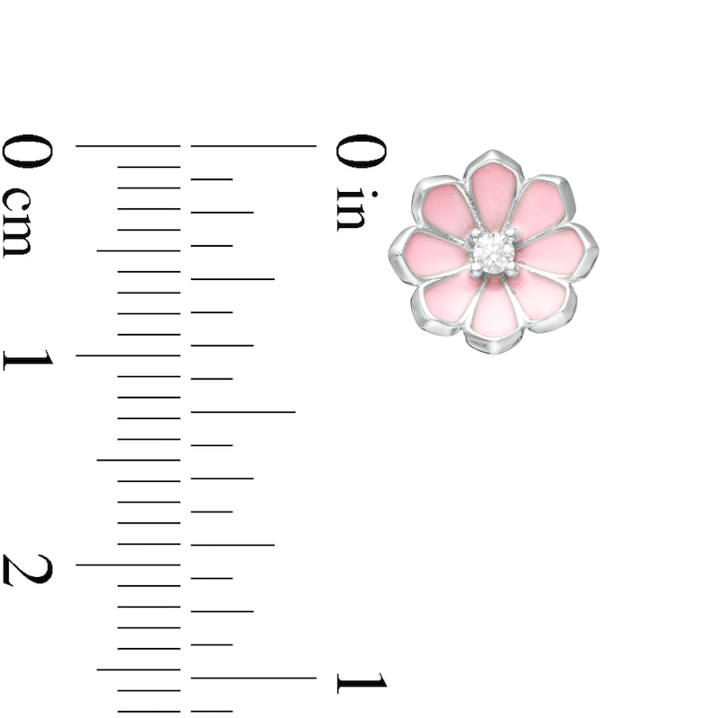 Child's Cubic Zirconia Pink Enamel Flower Stud Earrings in Sterling Silver