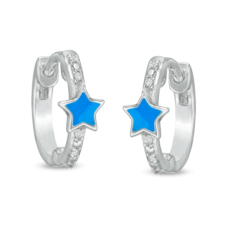 Diamond Accent Blue Enamel Star Huggie Hoop Earrings in Sterling Silver