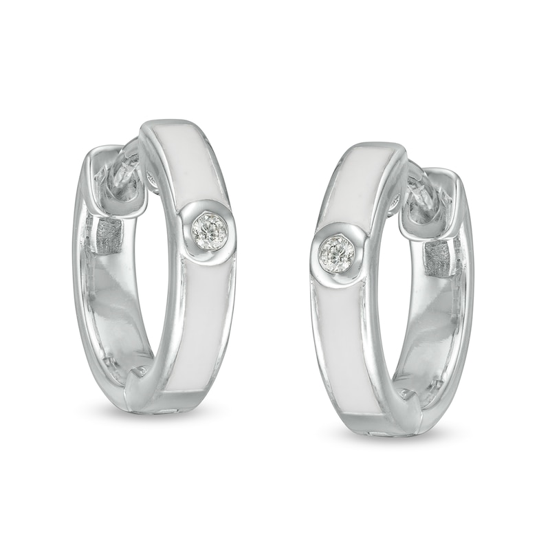 Diamond Accent Solitaire White Enamel Huggie Hoop Earrings in Sterling Silver