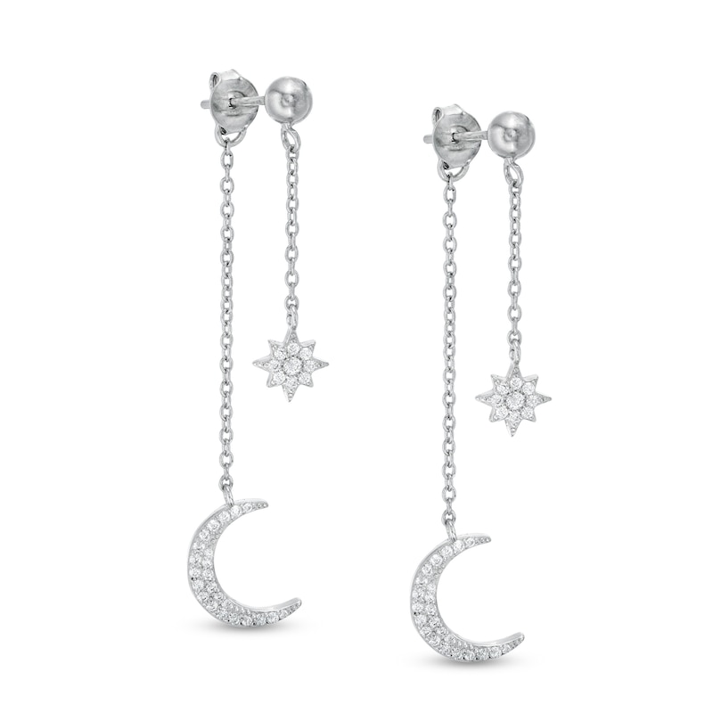 Cubic Zirconia Star and Moon Double Dangle Drop Earrings in Solid Sterling Silver