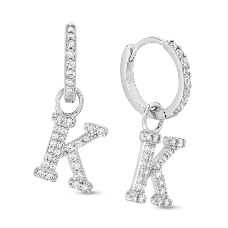 Cubic Zirconia Initial "K" Dangle Huggie Hoop Earrings in Sterling Silver