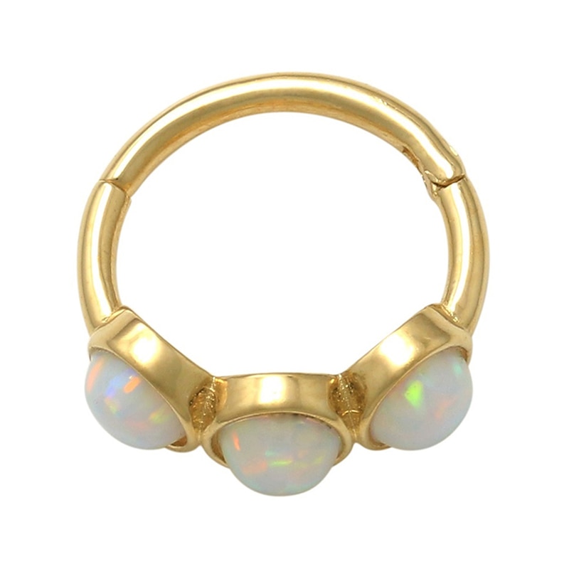 10K Gold Simulated Opal Three Stone Hoop - 16G