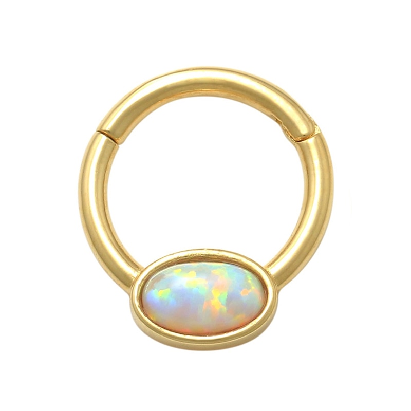 10K Gold Simulated Oval Opal Hoop - 16G