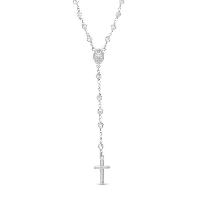 4mm Crystal Beaded Rosary Necklace in Stamped and Casting Sterling Silver - 22"