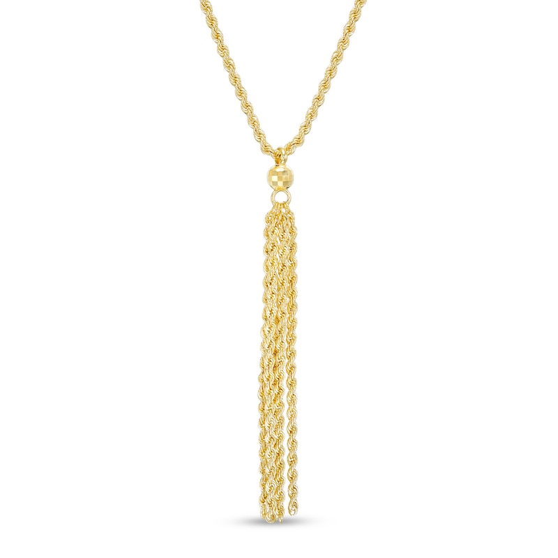 012 Gauge Hollow Rope Chain and Bead Tassel Drop Necklace in 10K Gold