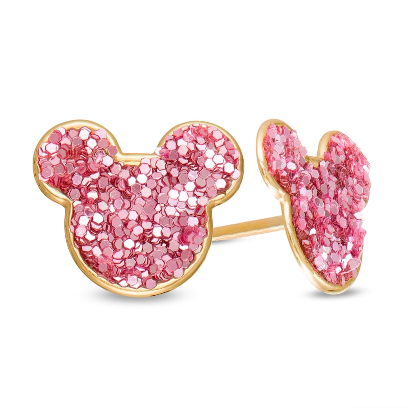Child's ©Disney Pink Glitter Paper Mickey Mouse Silhouette Stud Earrings in 10K Gold