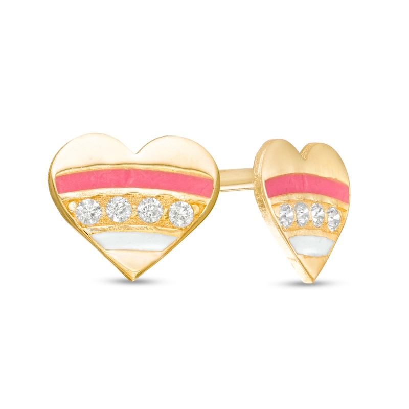 Child's Cubic Zirconia Pink and White Enamel Stripe Heart Stud Earrings in 10K Gold