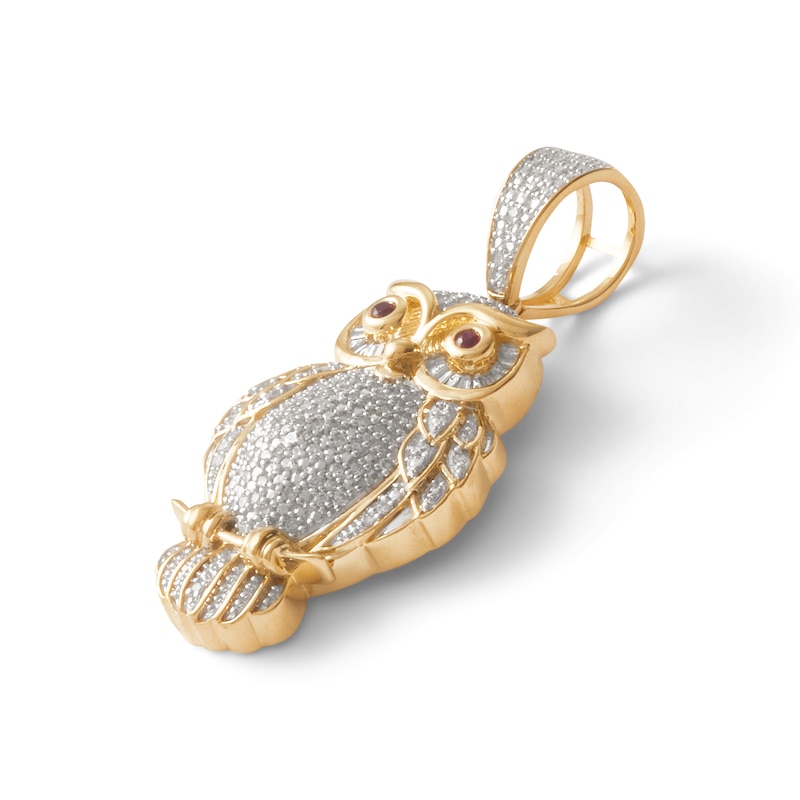 1/3 CT. T.W. Baguette and Round Diamond with Lab-Created Ruby Owl Necklace Charm in 10K Gold