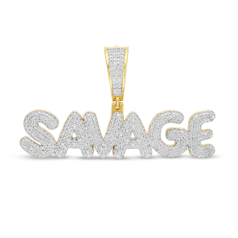 1/2 CT. T.W. Diamond Puff Block "SAVAGE" Necklace Charm in 10K Gold