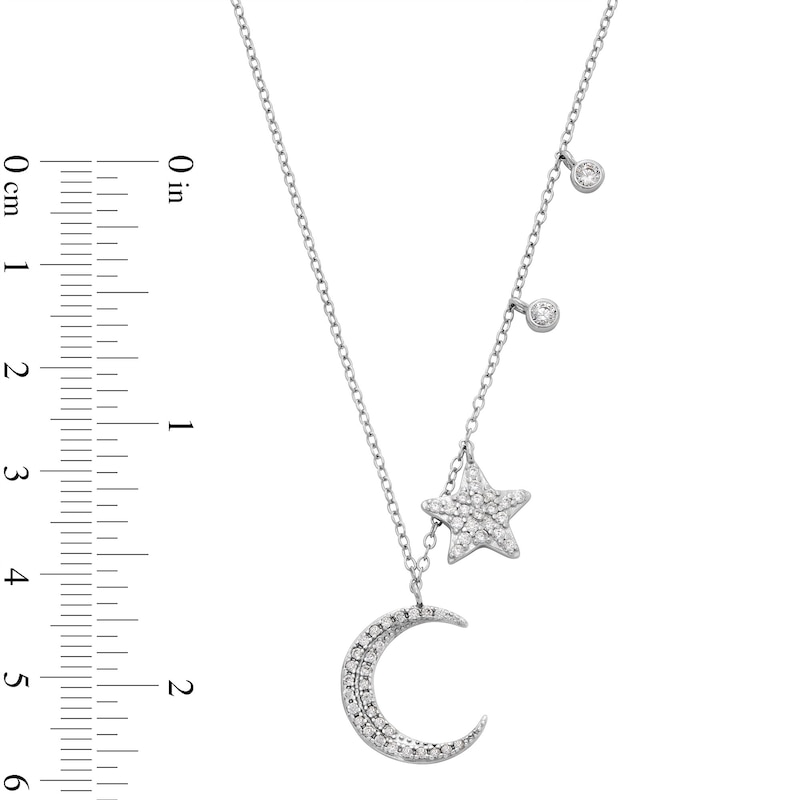 Cubic Zirconia Crescent Moon and Star Station Necklace in Solid Sterling Silver