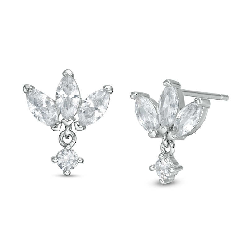 Marquise Cubic Zirconia Flower with Solitaire Dangle Drop Earrings in Sterling Silver