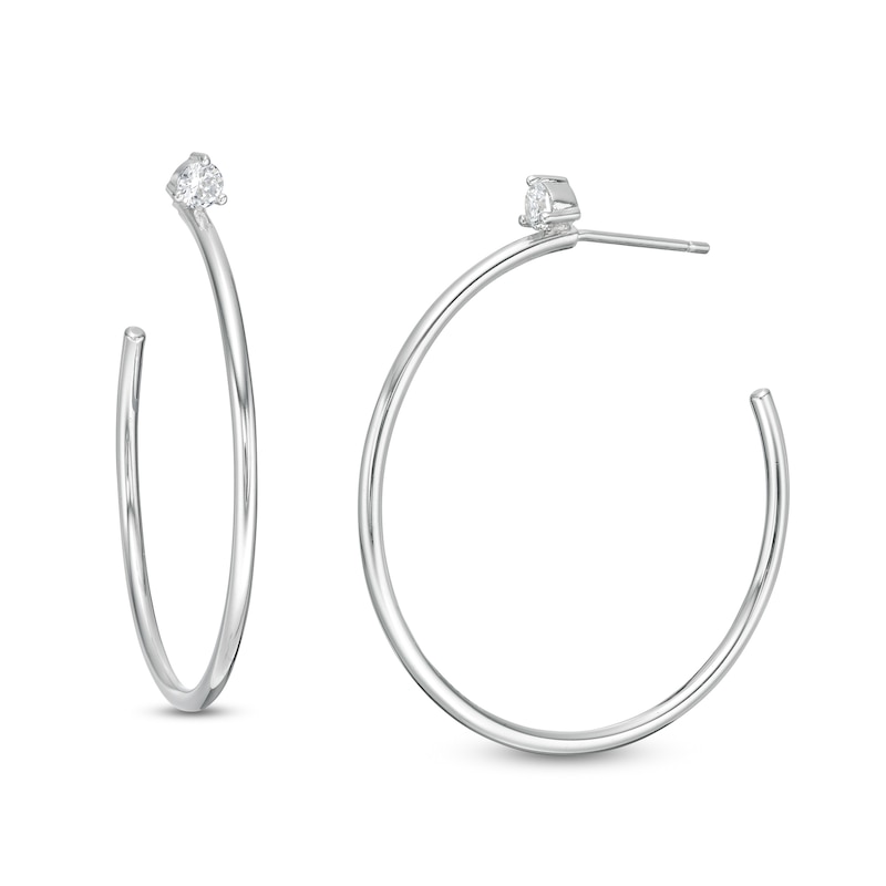 Cubic Zirconia Solitaire Open Hoop Earrings in Solid Sterling Silver