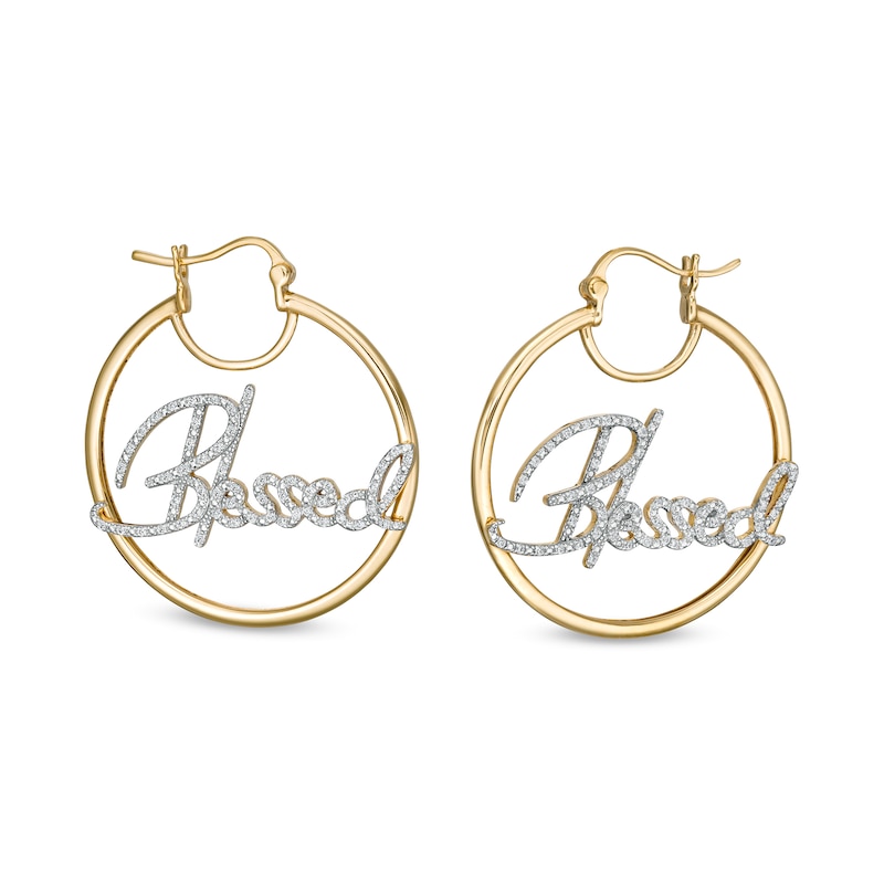 1/4 CT. T.W. Diamond "Blessed" Hoop Earrings in Sterling Silver with 14K Gold Plate