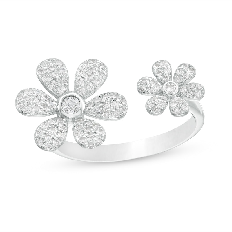 Cubic Zirconia Double Flower Wrap Ring in Sterling Silver - Size 6
