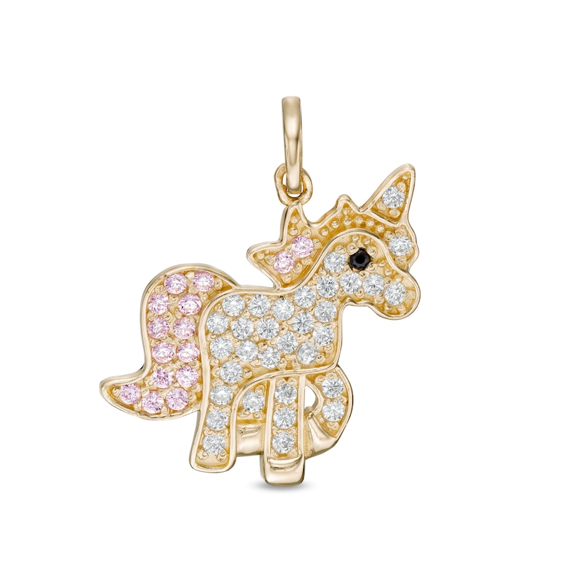 Child's Pink, White, and Black Cubic Zirconia Unicorn Charm Pendant in 10K Gold