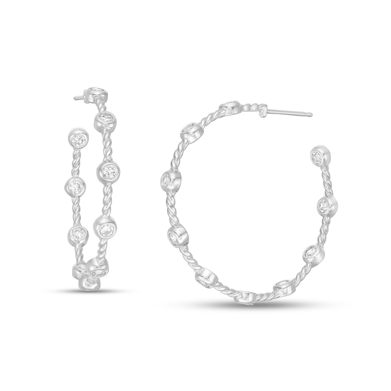 3mm Bezel-Set Cubic Zirconia Station Rope-Textured Inside-Out J-Hoop Earrings in Sterling Silver