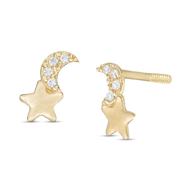 Cubic Zirconia Crescent Moon and Star Stud Earrings in 10K Gold