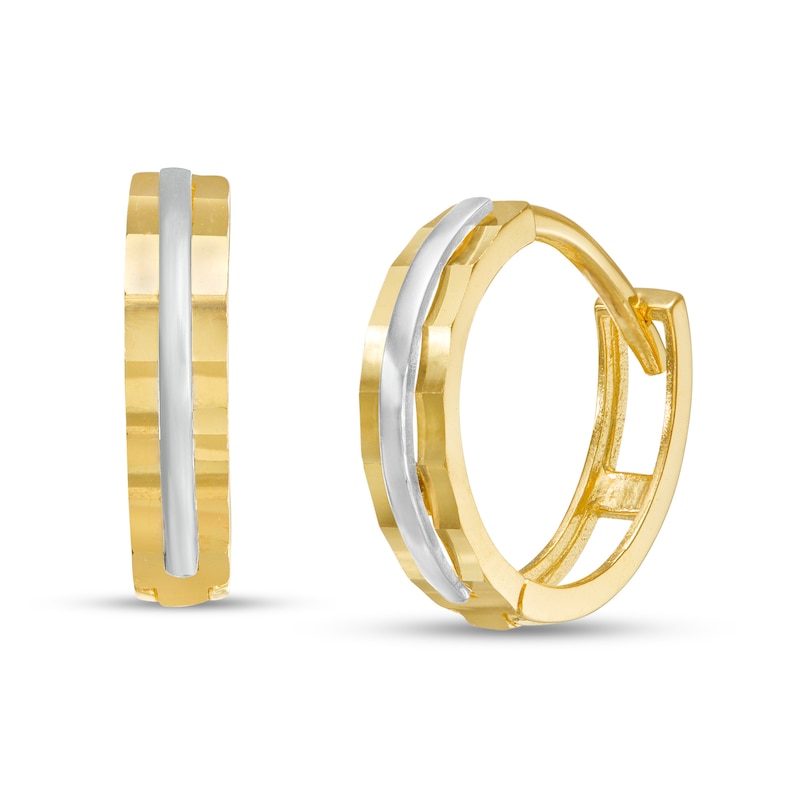 10mm Diamond-Cut Bevelled Edge Huggie Hoop Earrings in 10K Two-Tone Gold