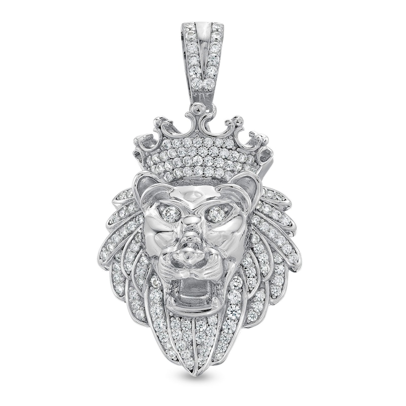 Cubic Zirconia Crowned Lion Head Necklace Charm in Solid Sterling Silver