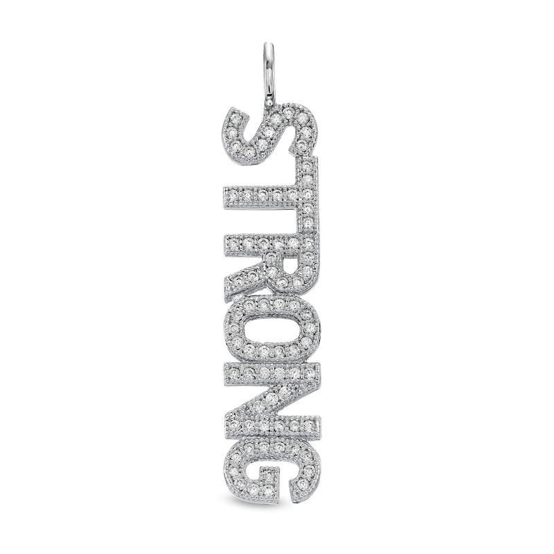 Cubic Zirconia Vertical "STRONG" Necklace Charm in Sterling Silver