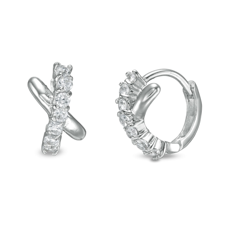 Cubic Zirconia Criss-Cross Seven Stone Huggie Hoop Earrings in Sterling Silver