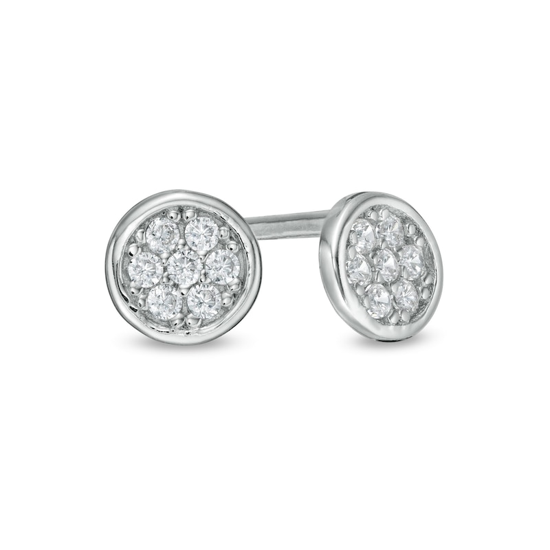 Cubic Zirconia 4.76mm Flower Cluster with Polished Frame Disc Stud Earrings in Sterling Silver