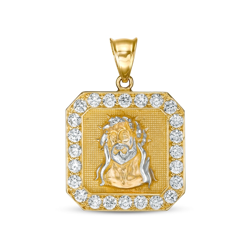 Cubic Zirconia Frame Jesus Head Octagonal Two-Tone Necklace Charm in 10K Gold