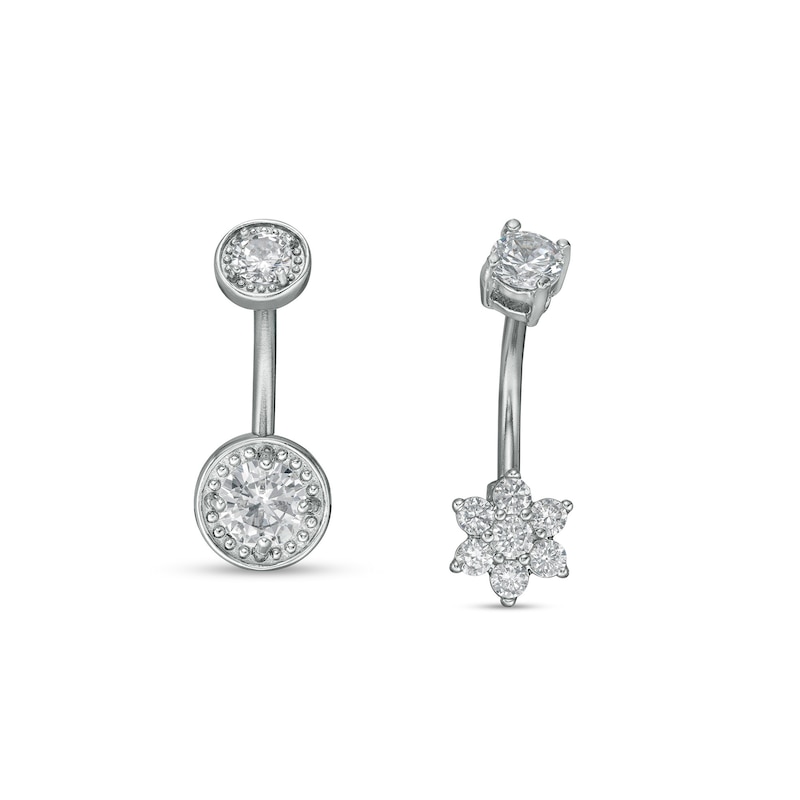 014 Gauge Cubic Zirconia Bead Frame and Flower Belly Button Ring Set in Stainless Steel and Brass - 7/16"