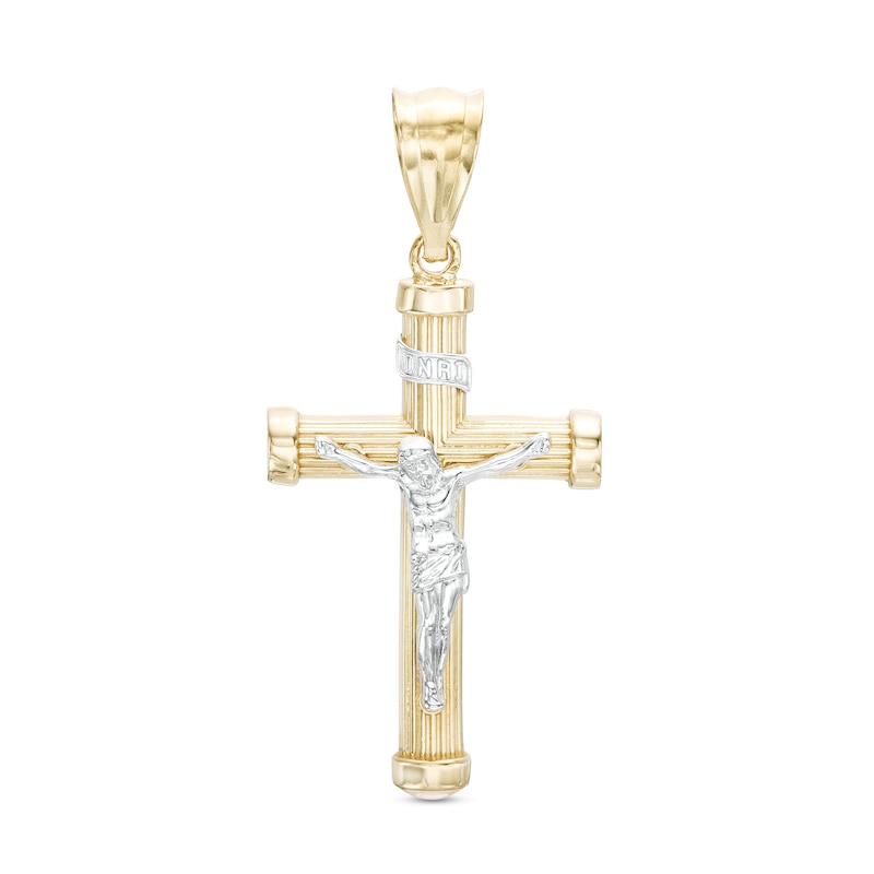 Small Ribbed Crucifix Necklace Charm in 10K Two-Tone Gold