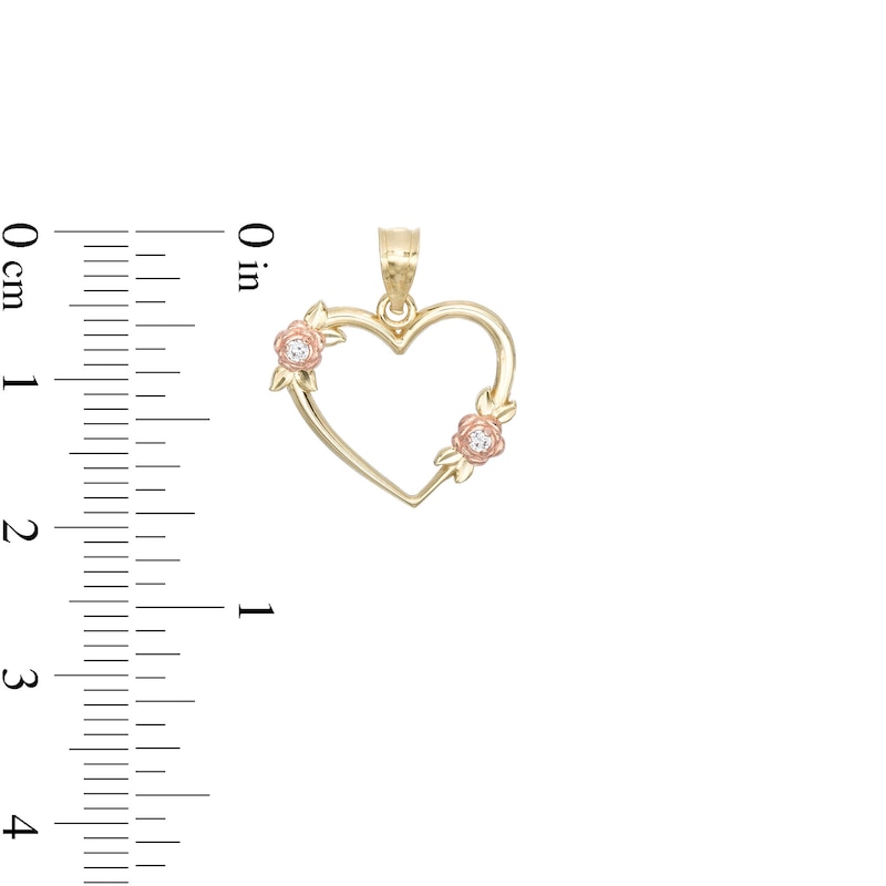 Cubic Zirconia Rosebud Open Heart Two-Tone Necklace Charm in 10K Gold