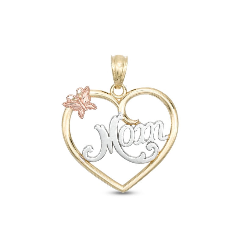 Mom Butterfly Heart Tri-Tone Necklace Charm in 10K Gold
