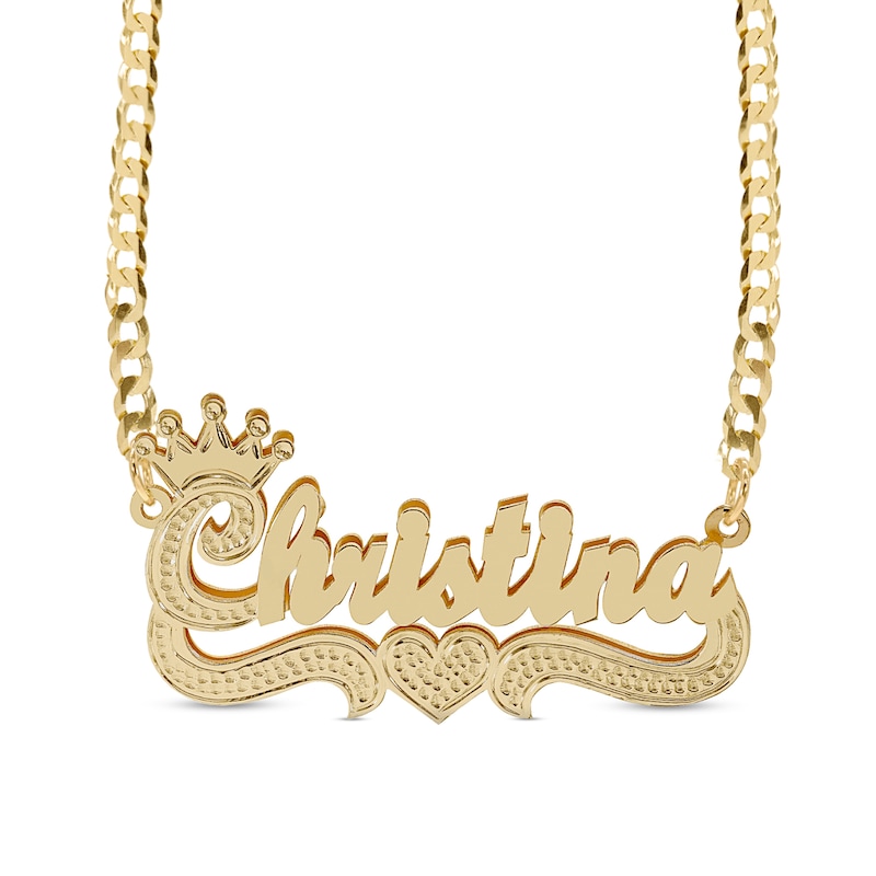 Script Name with Crown and Heart Curb Chain Necklace in Solid Sterling Silver in 14K Gold Plate (1 Line) - 18"