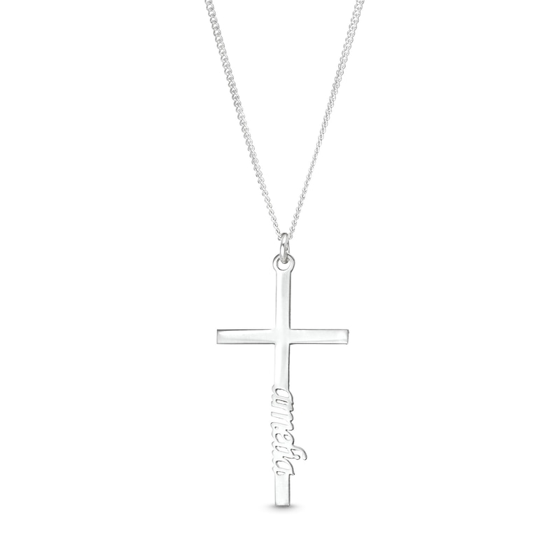 Vertical Name Cross Curb Chain Necklace in Sterling Silver - 18 in.