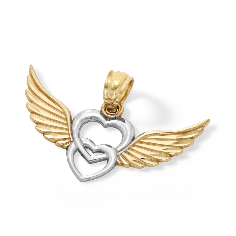 10K Solid Gold Double Heart with Wings Two-Tone Necklace Charm