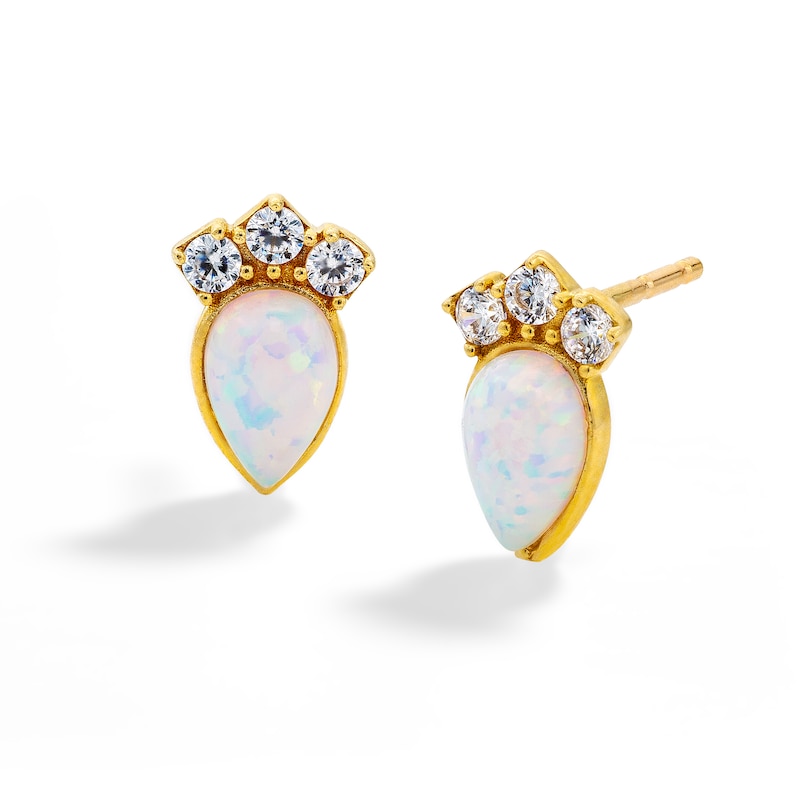 10K Solid Gold Simulated Opal and CZ Crown and Pear Studs