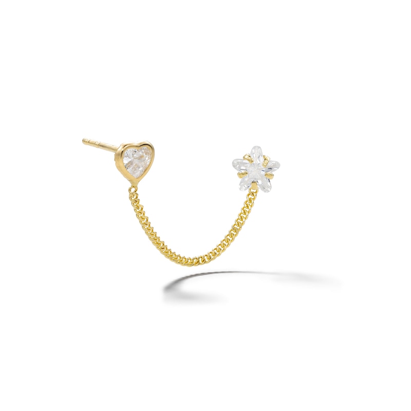 10K Semi-Solid Gold CZ Heart and Star Chain Stud